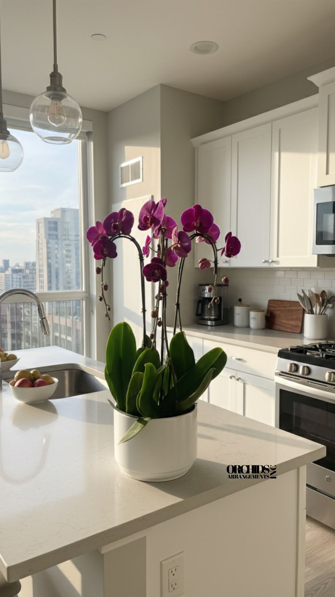 Purple orchids in a white pot on a kitchen island
