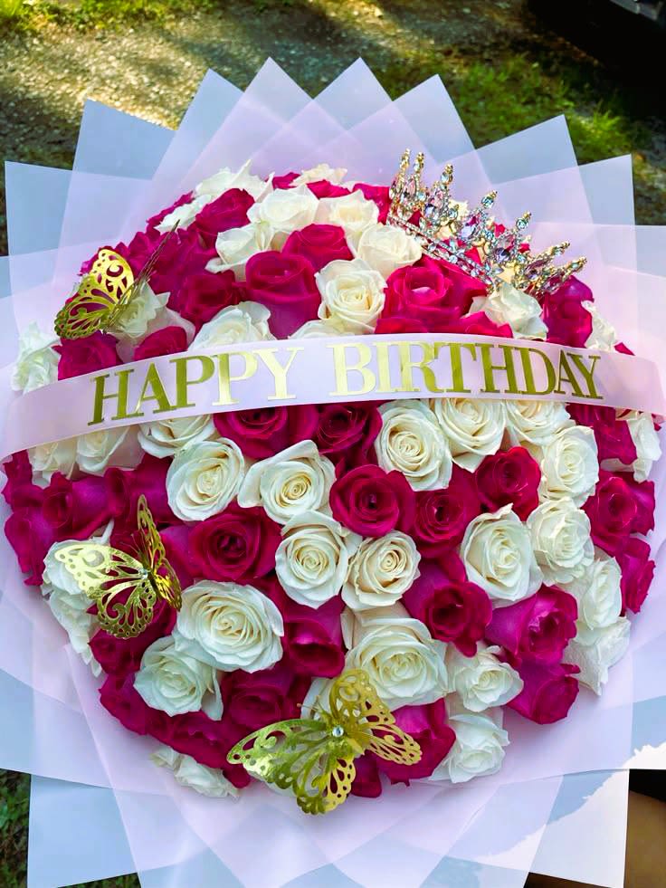 Hot Pink Bouquet - A stunning arrangement of hot pink and white flowers. Optional crown and ribbon with personalized message available separately.