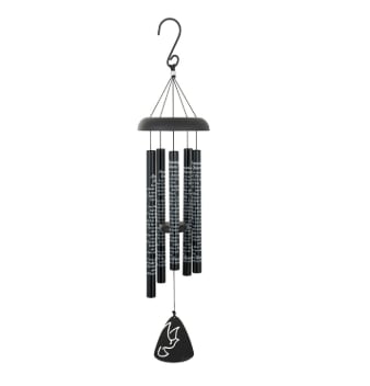 "AMAZING GRACE" 30" BLACK SONNET CHIME - Our 30" sonnet chimes have 5 heavy walled, center pinned tubes that emit deep tones. All aluminum construction, durable powder coated and anodized finish, and strung with industrial cord. Each chime has an adjustable striker. Tubes are 7/8" diameter, sentiment is printed directly onto the tubes. Chime Tubes Read: "Amazing Grace how sweet the sound, that saved a wretch like me. I once was lost but now am found, was blind, but now I see. ‘Twas grace that taught my heart to fear, and grace, my fears relieved. How precious did that grace appear the hour I first believed. through many dangers, toils and snares I have already come. ‘Twas grace that brought us safe thus far and grace will lead us home."