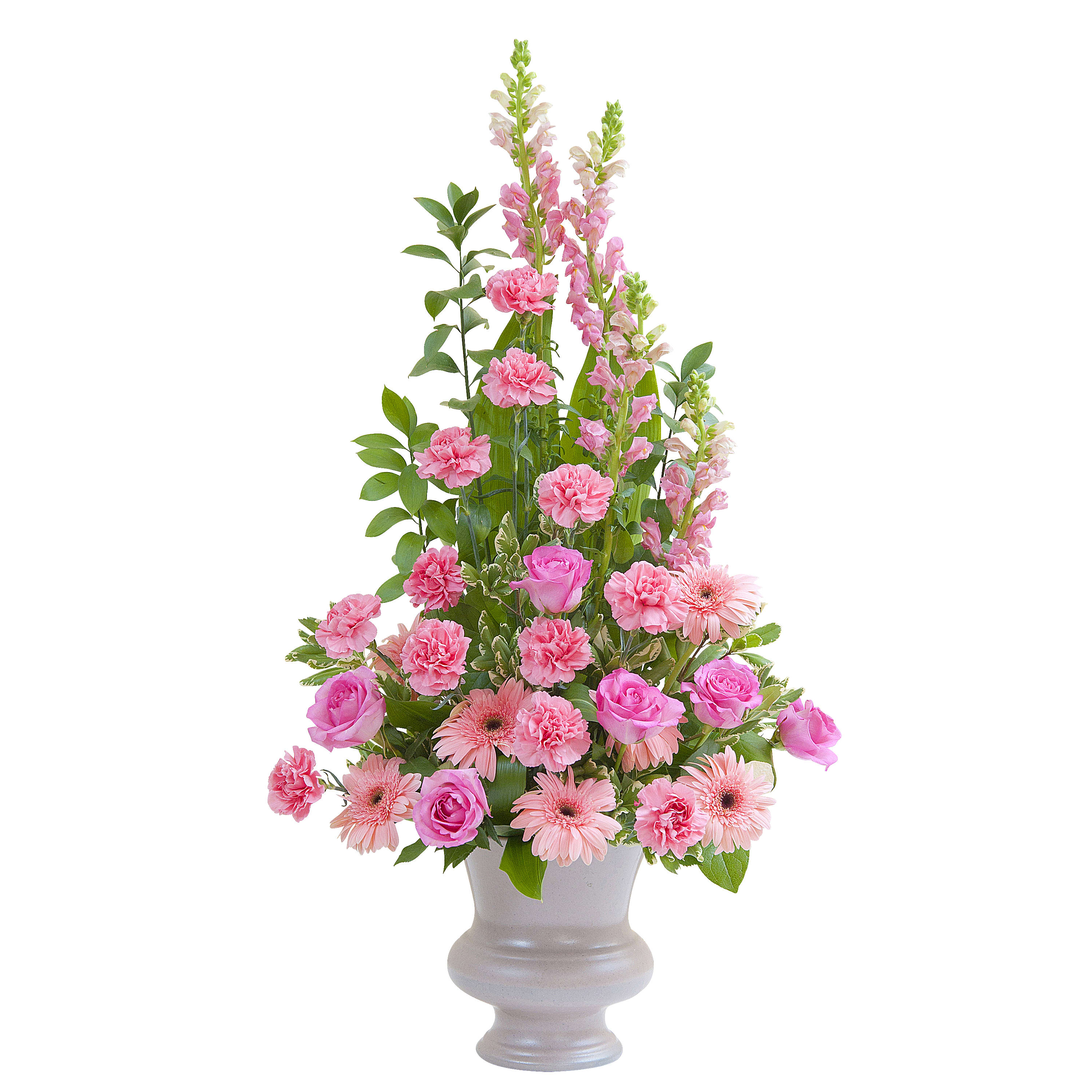 Peaceful Pink Large Urn - A combination of Pink roses, snapdragons and carnations in this sandstone urn.	Approximately 16" wide by 30" high
