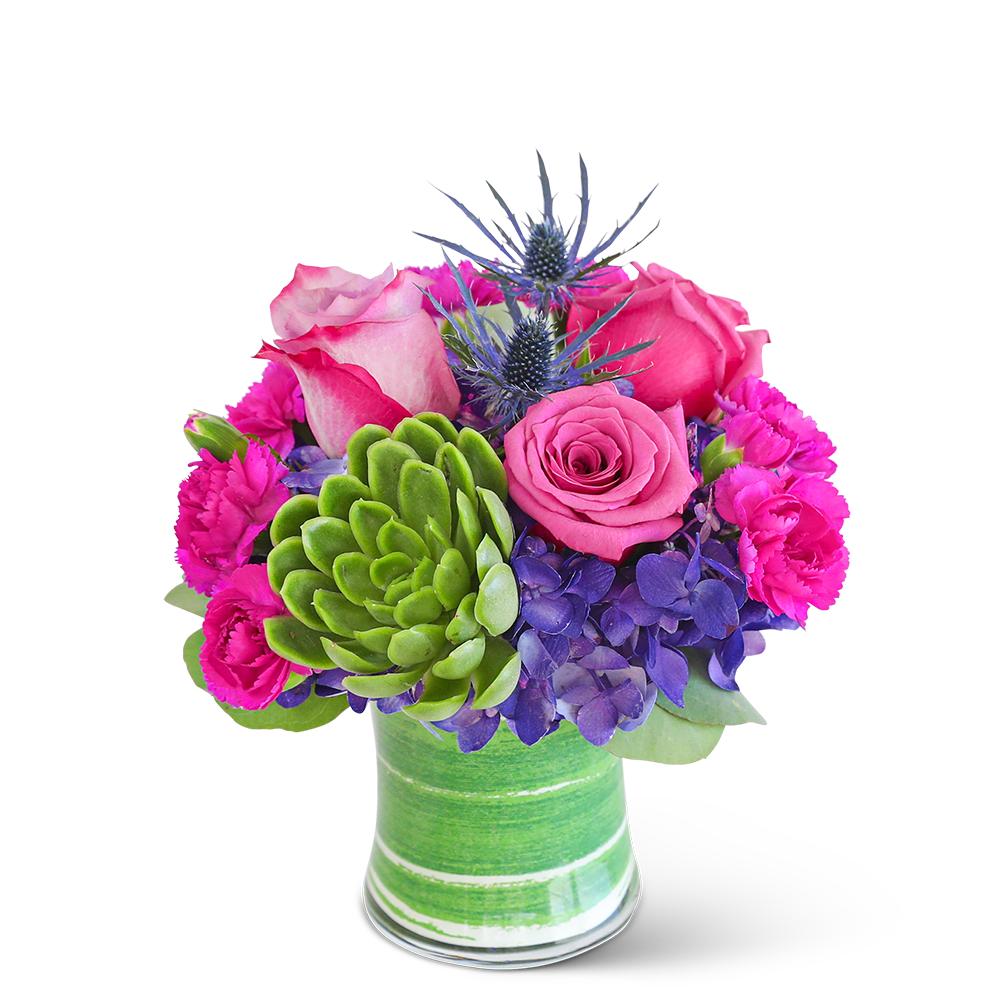Pink roses and purple flowers in a green glass vase