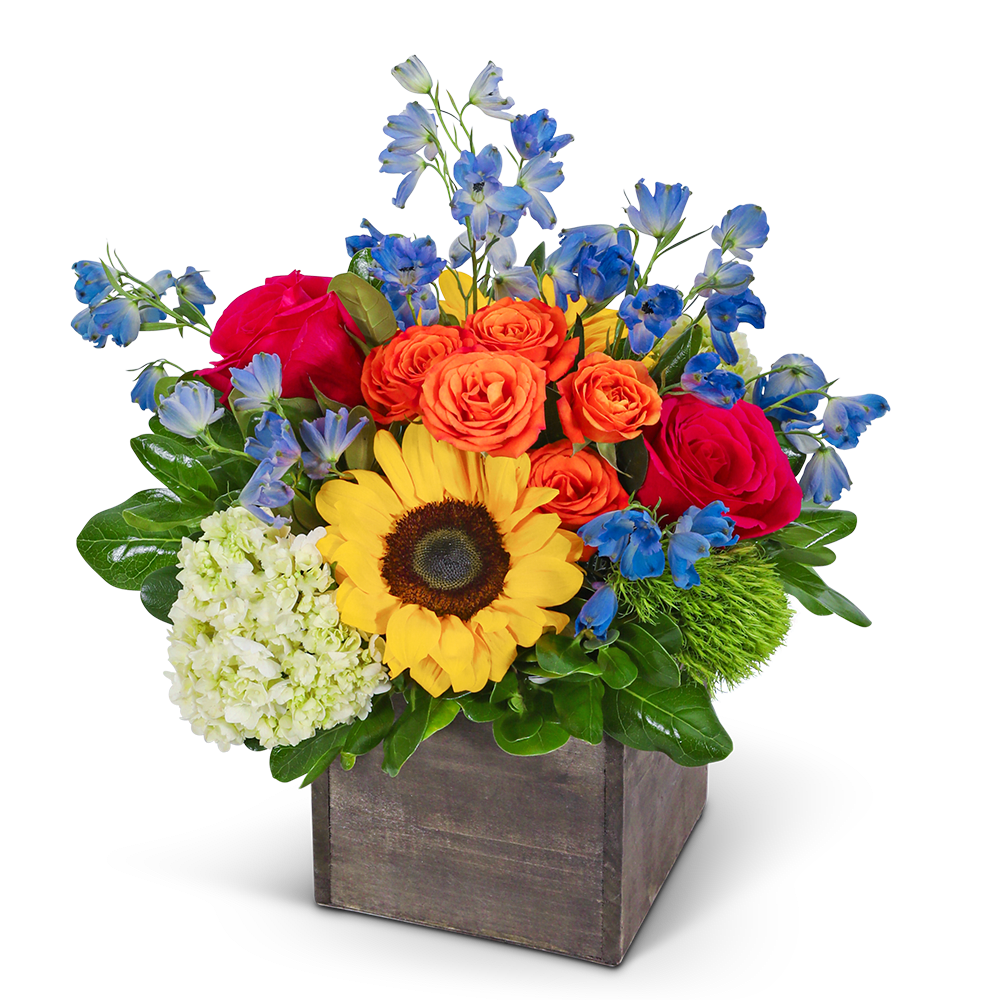 Bright mixed bouquet in a square wooden box with sunflowers, roses, and blue flowers