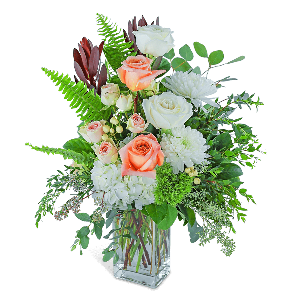 Amalfi Coast - What could be more beautiful than sending the colors of the Almafi Coast? Our Almafi Coast design features Roses, Hydrangea, Cremon, and other premium foliage artfully designed in a clear glass vase. This gorgeous bouquet would make the perfect Mother's Day gift or Anniversary gift. A professionally designed flower bouquet will be sure to impress or add a beautiful elegance to her home or office space. Flowers offer a beautiful and aromatic way to show someone you care.