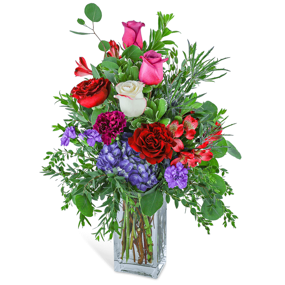 Velvet Jewel - Velvet Jewel is a classic bouquet composed of Roses, Alstroemeria, Carnations, Eryngium, and premium foliage artfully designed in a clear vase. Its stylish and elegant jewel tones will bring a touch of romance to any room. Rich colors and romantic beauty make this an ideal gift to send for Valentine's Day, an anniversary, or any day you want to show your love.