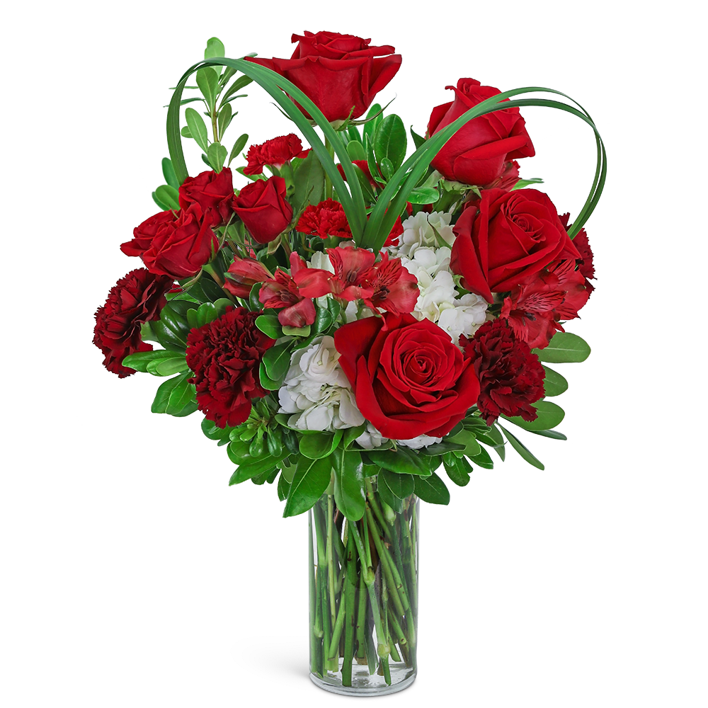 Red roses and carnations in a clear glass vase