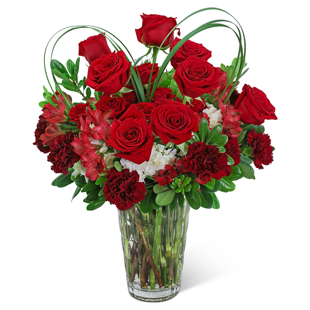 Showstopping Heart of Love - Showstopping Heart of Love is a very romantic gift! This fresh flower design is created with roses, alstroemeria, and carnations in a clear glass vase. Whether you're looking for a gift for your Valentine or just to show someone how much you care, this design made up of red and white blossoms with a natural foliage heart accent makes it an exceptional gift for Valentine's Day. Whether you're looking for a gift for your Valentine or just to show someone how much you care, this romantic bouquet will surely convey your feelings.