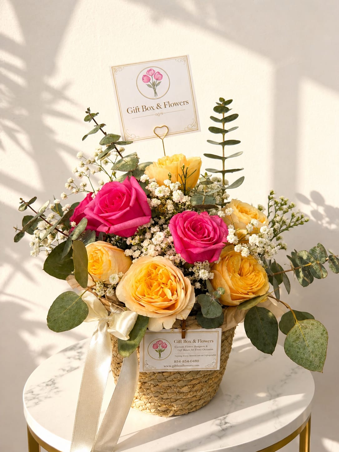 Spring Basket - Elegant and fresh   A beautiful spring flower basket with pink and yellow roses, delicate fillers, and greenery — perfect for Mother’s Day or any special occasion.   Fresh premium flowers  Handcrafted basket arrangement  Perfect gift for Mom   Same-day flower delivery in Myrtle Beach (order before 12PM)