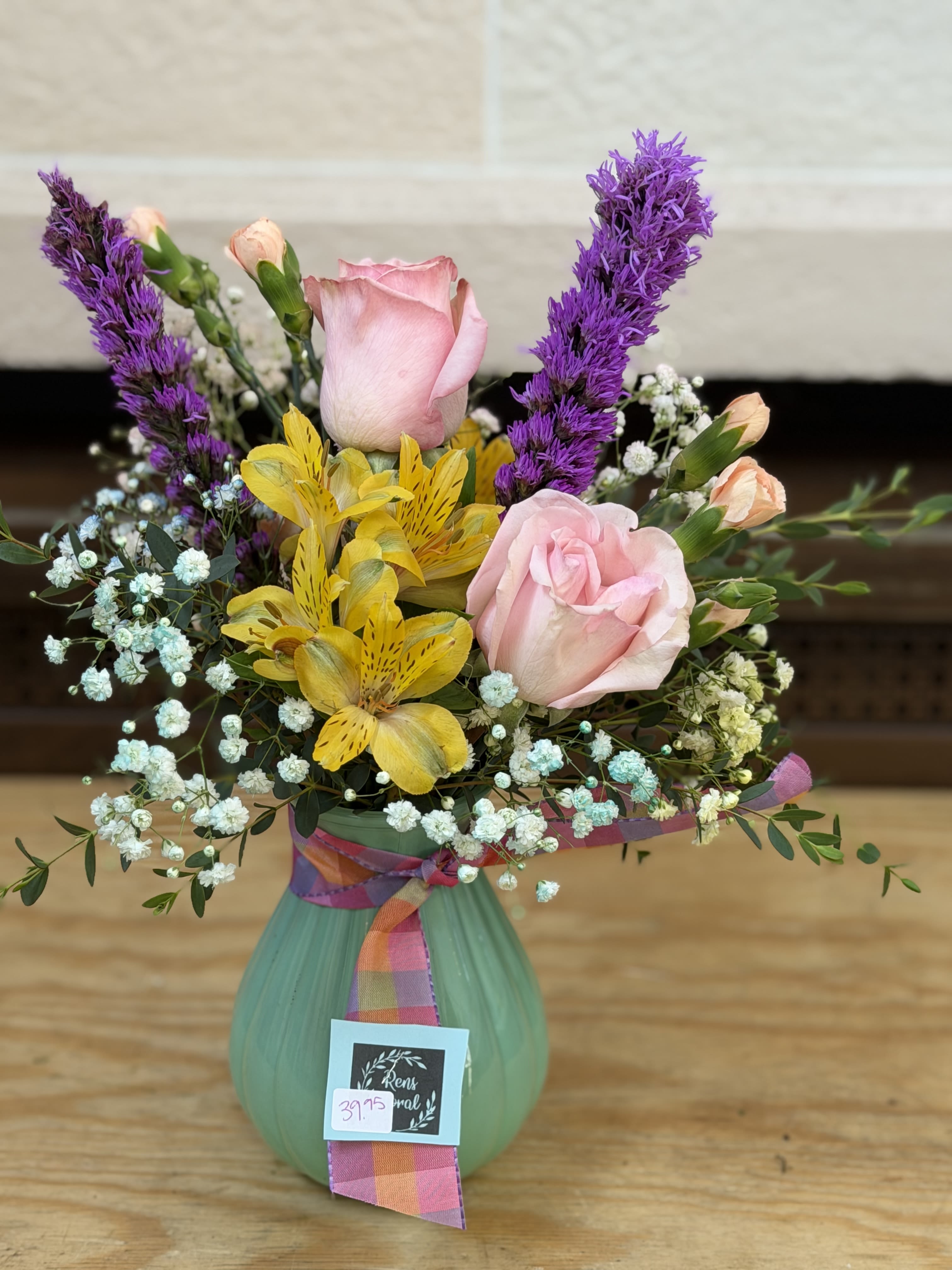 Happy Mother's Day Vase - Mother's Day Specials - A colorful vase filled with fresh bright blooms as well as multicolored babies breath. 