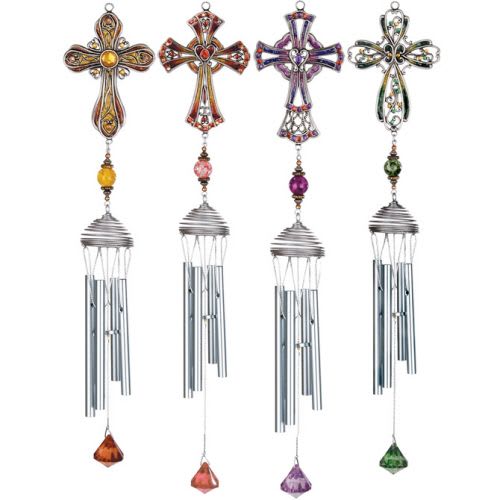 Set of four jeweled cross wind chimes with silver tubes and colored crystal accents