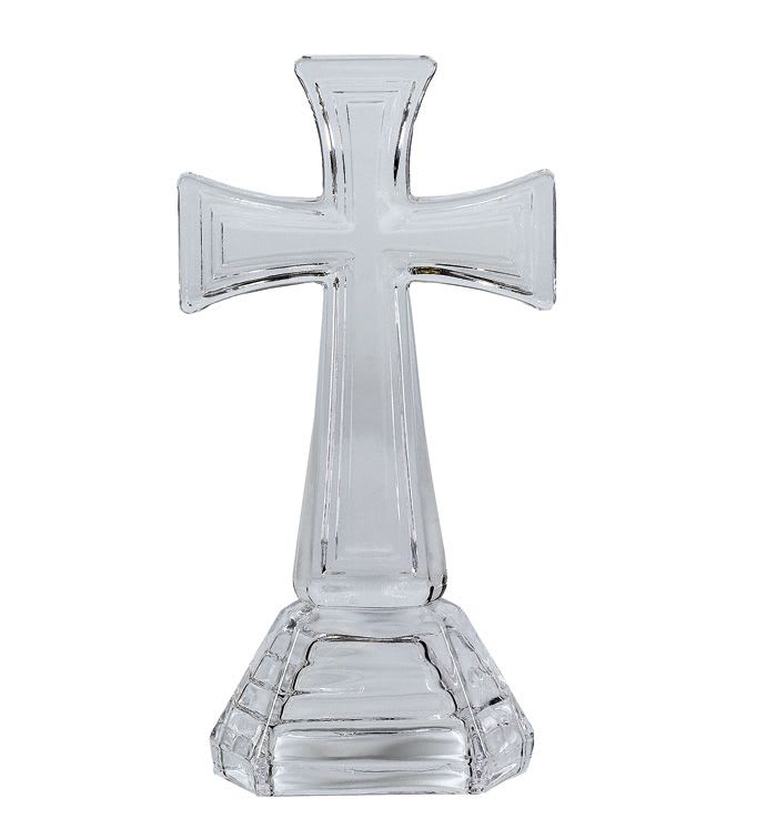 Clear glass cross figurine with a faceted base