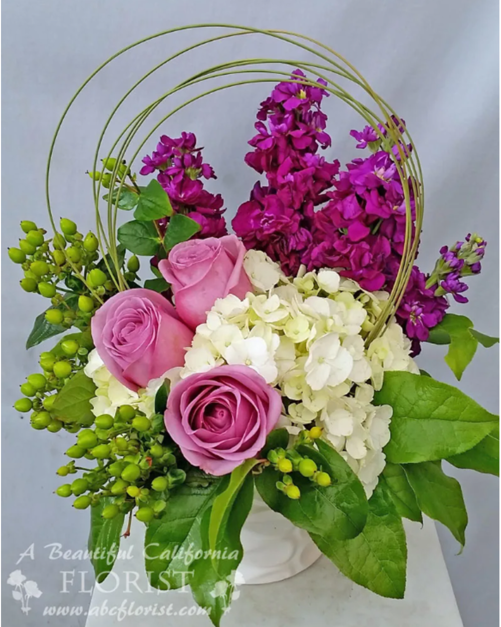 Bailey Boo - Lavender Roses and White Hydrangea - Bailey Boo, Lavender Roses and White Hydrangea, accented by green coffee bean in white ceramic vessel. Bailey Boo order today! ABC Florist - offering same day delivery. Or Pick up at our new location at 611 E Carson Street, Suite B, Long Beach CA, 90807. 