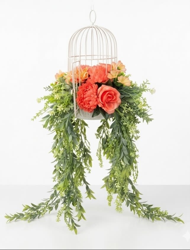 Vintage White Birdcage with Silk Flowers Draping  - Peach silk roses and soft greenery drape a vintage white birdcage-charming, ready-to-display gift for Mother's Day, anniversaries, birthdays, housewarmings or just because.