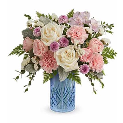 Blue Belle Bouquet - Blue Belle Bouquet is a sweet Mother's Day flower arrangement of soft pink, white, and lavender blooms, beautifully presented in the Blue Belle Vase keepsake-perfect for celebrating Mom with fresh spring charm.