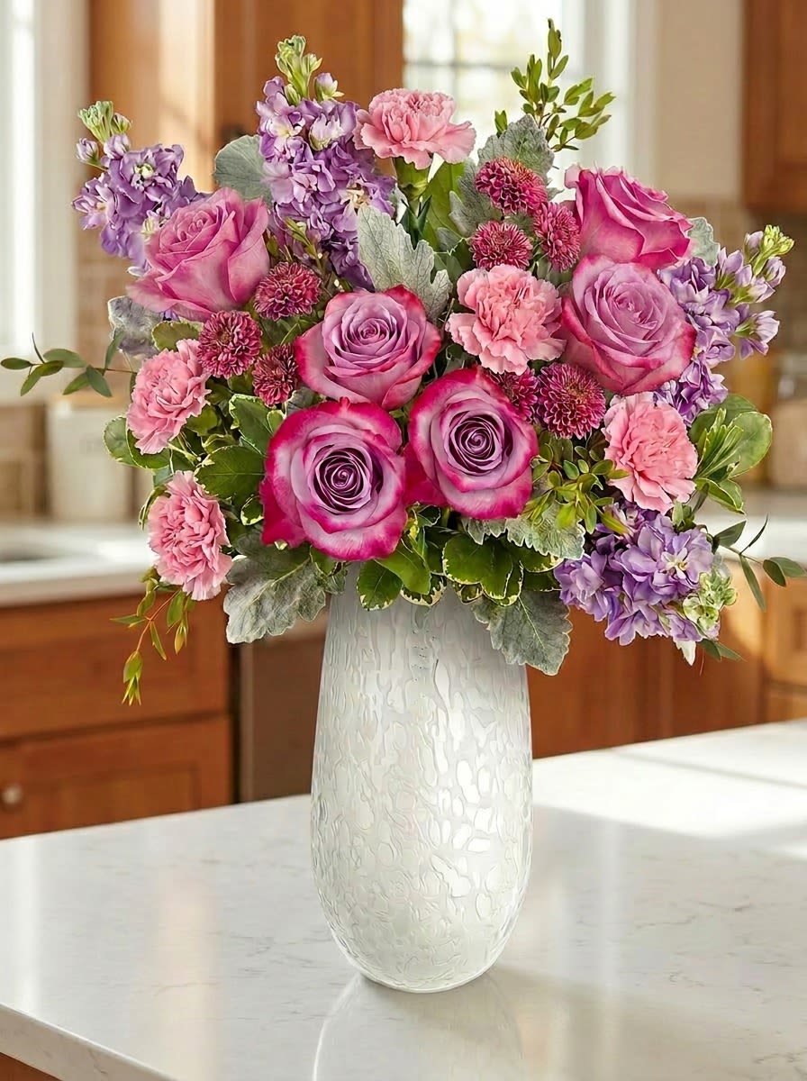 Pink and purple flower arrangement in a white vase