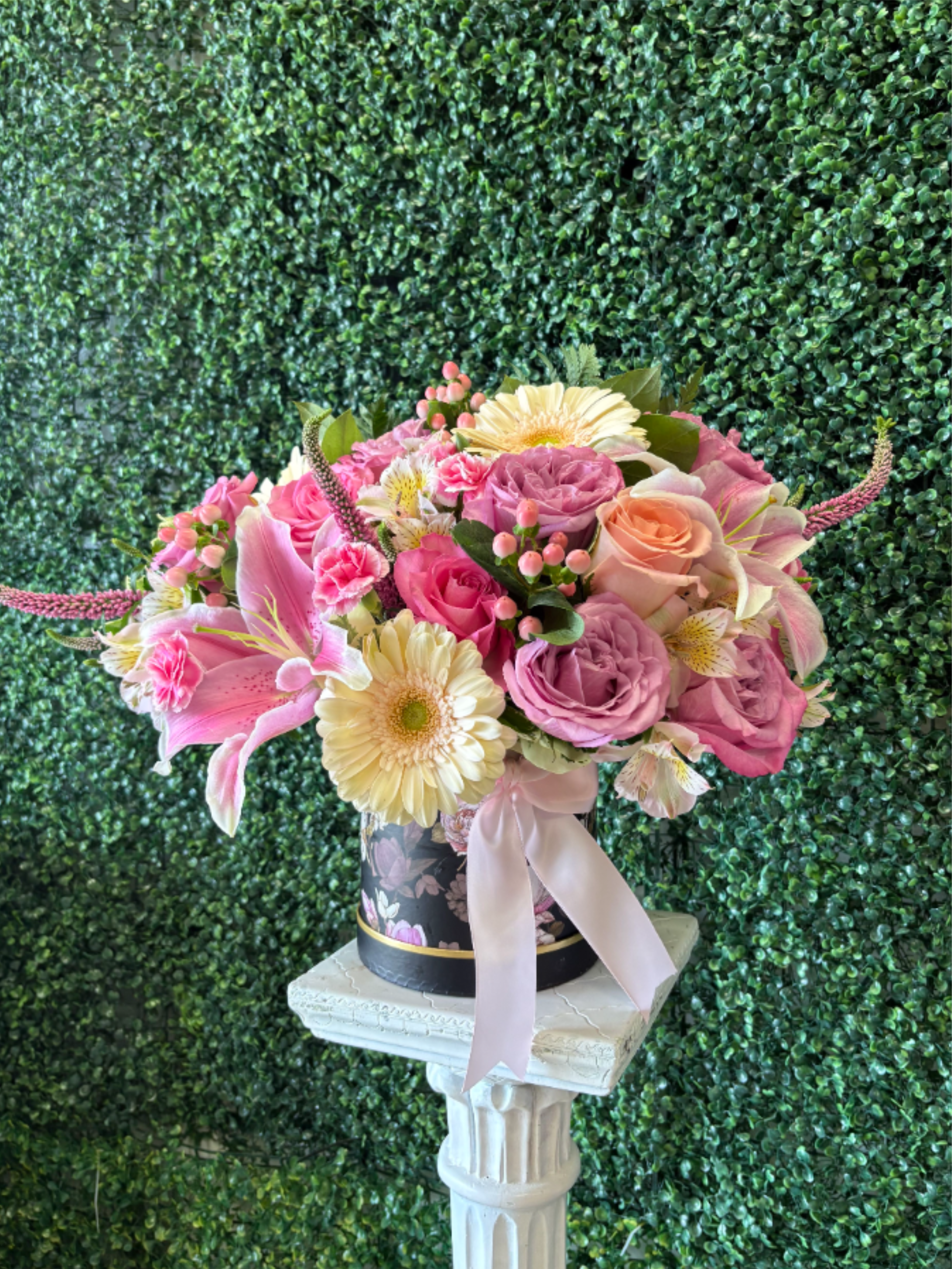 Pink Garden - Pink Roses, Peach Gerbera ,Pink lilys , Veronica, coffee Bean and Alstormelia 