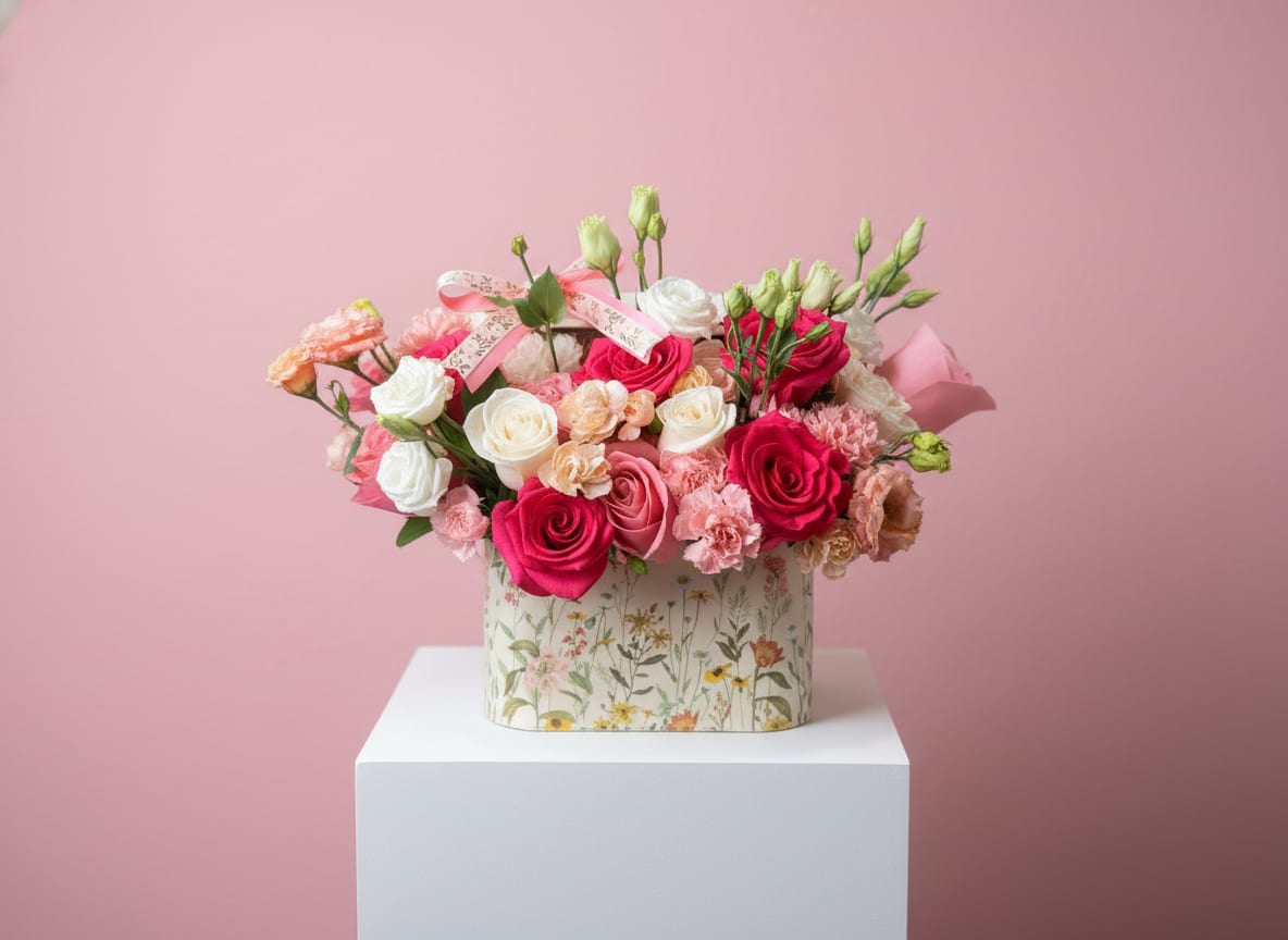 Ceci's Garden - A lush cluster of pink, white and peach blooms arranged in a decorative floral-patterned box-Ceci's Garden is a romantic flower arrangement perfect for Mother's Day, birthdays, anniversaries, or a warm "thinking of you" surprise. The large rose heads make an immediate, joyful impression while brighter pink accents and upright buds add lift and a carefree, summery charm that reads as both elegant and approachable.  Roses, ruffled carnations, and delicate lisianthus are packed tightly for a full, garden-fresh look-soft creams and blush peaches contrast with lively pinks and touches of red for depth. The composition sits in a floral-patterned keepsake box tied with a pink ribbon, creating an instant gift-ready presentation with pleasing texture and height from the buds and sprays.  Perfect for expressing love and gratitude-whether you're sending a thank-you, congratulating a grad, cheering someone on during recovery, or brightening a new home-she'll feel genuinely celebrated when these blooms arrive. Care is simple: keep water topped up inside the box's liner, avoid direct sun, and replace water every two days to prolong freshness.