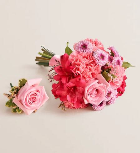 Prom Flower Bouquet and Boutonniere -  Pet Friendly? NO . Carnation is listed by the ASPCA as mildly toxic to cats and dogs if ingested. Keep out of reach; avoid homes with curious pets.   Human Allergy Note No major allergy-triggering flowers noted. Gerbera daisies can release light pollen, so keep the bouquet away from bedding if you’re sensitive.   Care &amp; Longevity For the bouquet: trim stems at an angle, place in fresh water with flower food, and change water every 2 days. For the boutonniere: mist lightly and keep refrigerated until wear time. Avoid direct sun, heat, and vents, and remove any fading blooms to keep it fresh.   Best Occasions &amp; Situations  Prom &amp; homecoming  Formal dances  Senior photos  Sweet 16 celebrations  Date night dinners  Graduation events  Spring formals  Why Customers Love It Perfect color match for pink and fuchsia dresses Coordinated bouquet + boutonniere saves time Photo-ready shape that looks full without being bulky Fresh, hand-tied style feels custom and modern Versatile for prom, formals, and senior photos