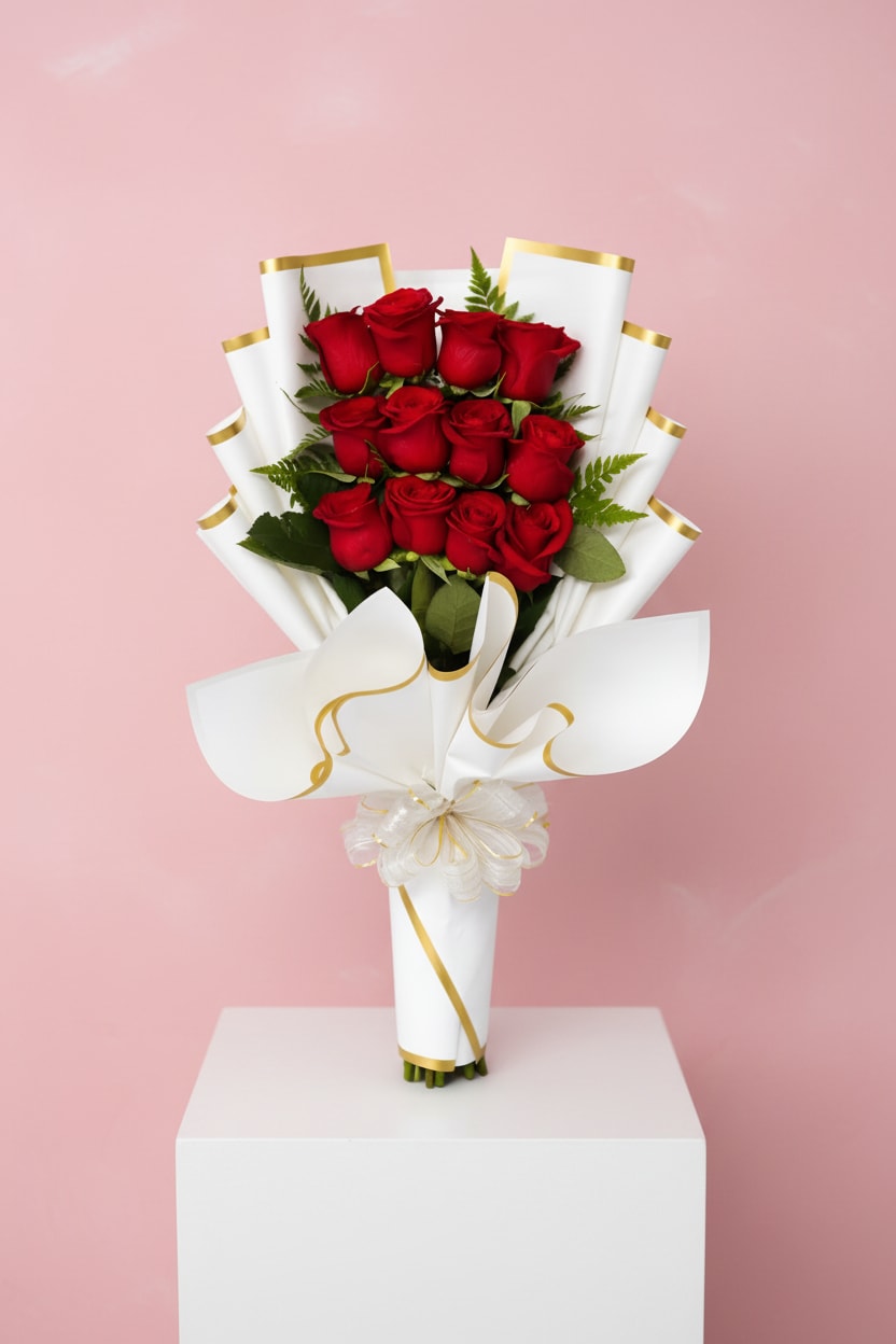 Signature Flat Red Rose Bouquet  - A dense cluster of classic red roses gathered into a tall hand-tied bouquet creates an immediate romantic statement - perfect as a birthday bouquet for a partner, an anniversary roses gift, or a Valentine's Day surprise. The red-and-white contrast reads formal and celebratory, so the person you're thinking of will feel adored and truly seen the moment they unwrap it.  Each rose is arranged tightly for a lush, continuous bloom surface and wrapped in crisp white paper with elegant gold edging, then finished with a sheer white ribbon for a polished, gift-ready presentation. Accents of green foliage and hints of pink lend depth against the dominant red blooms, making the color story rich without being fussy.  For lovers of classic romance who want an impressive, send-now arrangement, this bouquet arrives ready to display - no extra styling required. Keep the stems in fresh water, recut if needed, and replace water daily to extend vase life; available in a single signature size as pictured for a bold, formal impression.