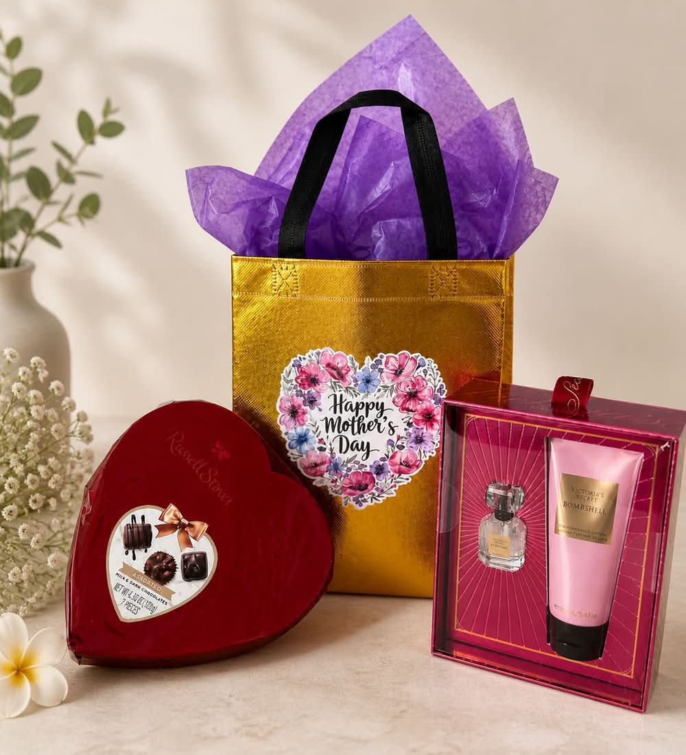 Golden Glow Mother's Day Gift Set - Includes a Victoria Secret fragrance &amp; lotion gift set and a heart shape Russell Stove chocolate box.