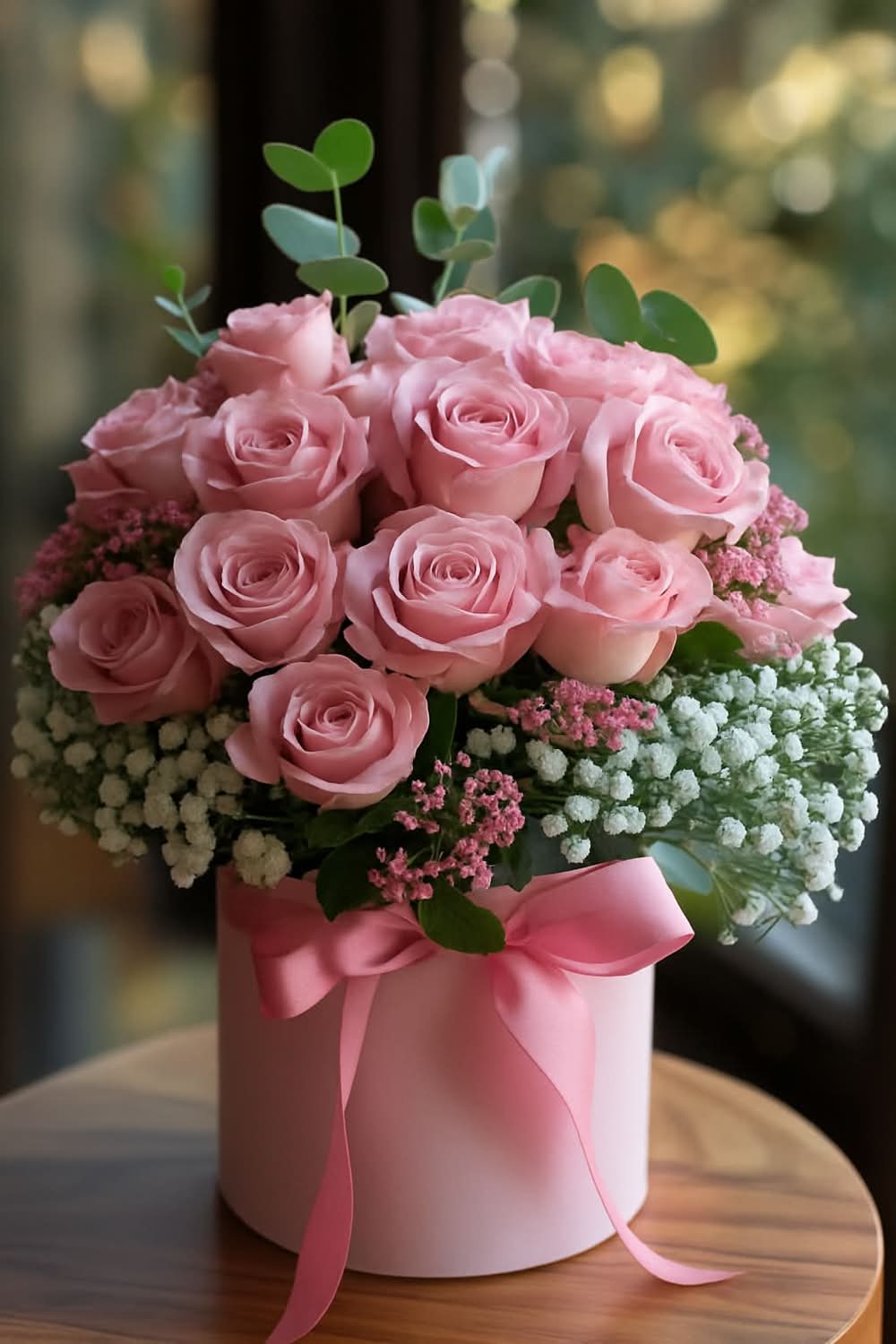 Blush Elegance - Delicate and timeless, our Blush Elegance Bouquet features lush pink roses paired with soft baby’s breath and accents of greenery, beautifully arranged in a pastel pink hat box tied with a satin ribbon. Perfect for celebrating love, gratitude, or life’s sweetest moments, this stunning floral piece brings charm and sophistication to any occasion.
