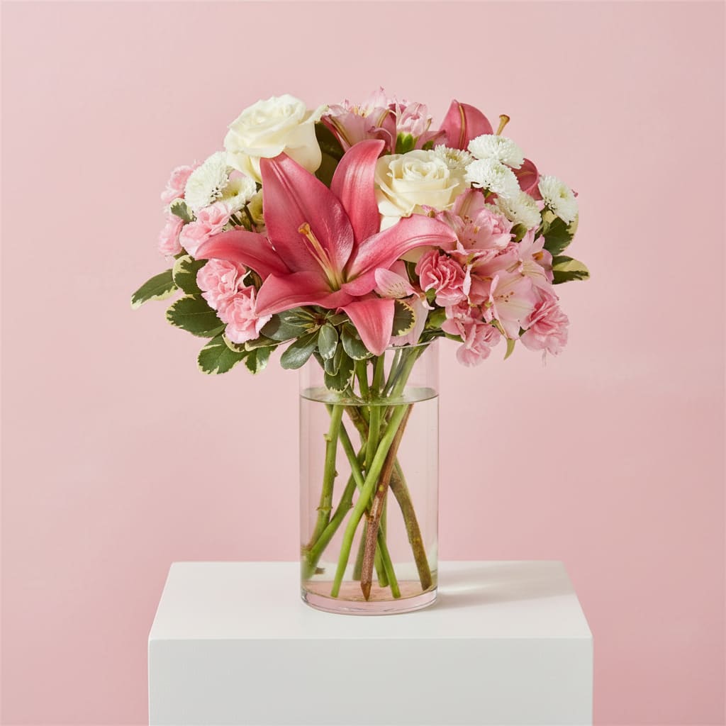 Sweet Sophia  - A soft, rounded bouquet of pink lilies, white roses, pink carnations and pale alstroemeria creates an instantly romantic look-perfect as a birthday bouquet, Mother's Day gift, anniversary flowers, or a springtime surprise for the person you're thinking of. The larger lily blooms lift above the arrangement to form a graceful focal point while the clustered roses, carnations and alstroemeria fill in a lush, feminine silhouette that feels celebratory without being over the top.  Arranged in a clear cylindrical glass vase, the design highlights fresh green foliage and clean stems for a modern, airy finish. Colors stay in a gentle pink, white and green palette that reads soft and elegant in any room; the rounded shape makes it easy to display on a dining table, mantel or bedside. This is the kind of bouquet that makes someone feel truly seen-order for same-week delivery and include a personal note to mark the moment.