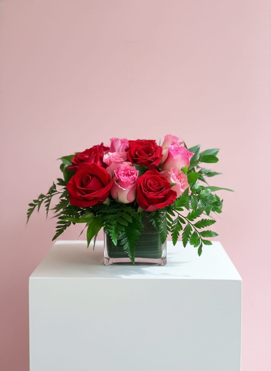 Sparks Fly  - This rose combination is flirty, yet romantic. Sparks Fly the perfect gift for your first Valentine's Day.   Arrangement Details:  Includes a dozen roses in hot pink and red. APPROXIMATE DIMENSIONS: 10" H, 11" W, 11"L 