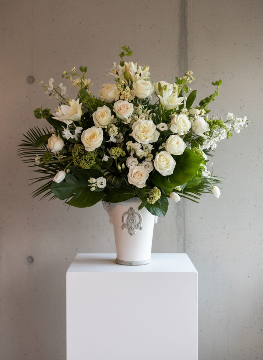 Abigail - Elevate any occasion with this stunning floral arrangement featuring pristine white roses, soft greenery, and delicate accent blooms. Arranged in a crystal-clear vase, this timeless bouquet exudes elegance and charm, making it perfect for weddings, anniversaries, or as a heartfelt sympathy gift.   Designed with care by Flist Florals, your trusted florist serving Canton, Woodstock, Ball Ground, Aphraetta, Roswell, and the greater Atlanta area. Brighten someone’s day with this beauty of nature, handcrafted just for you or your loved one!