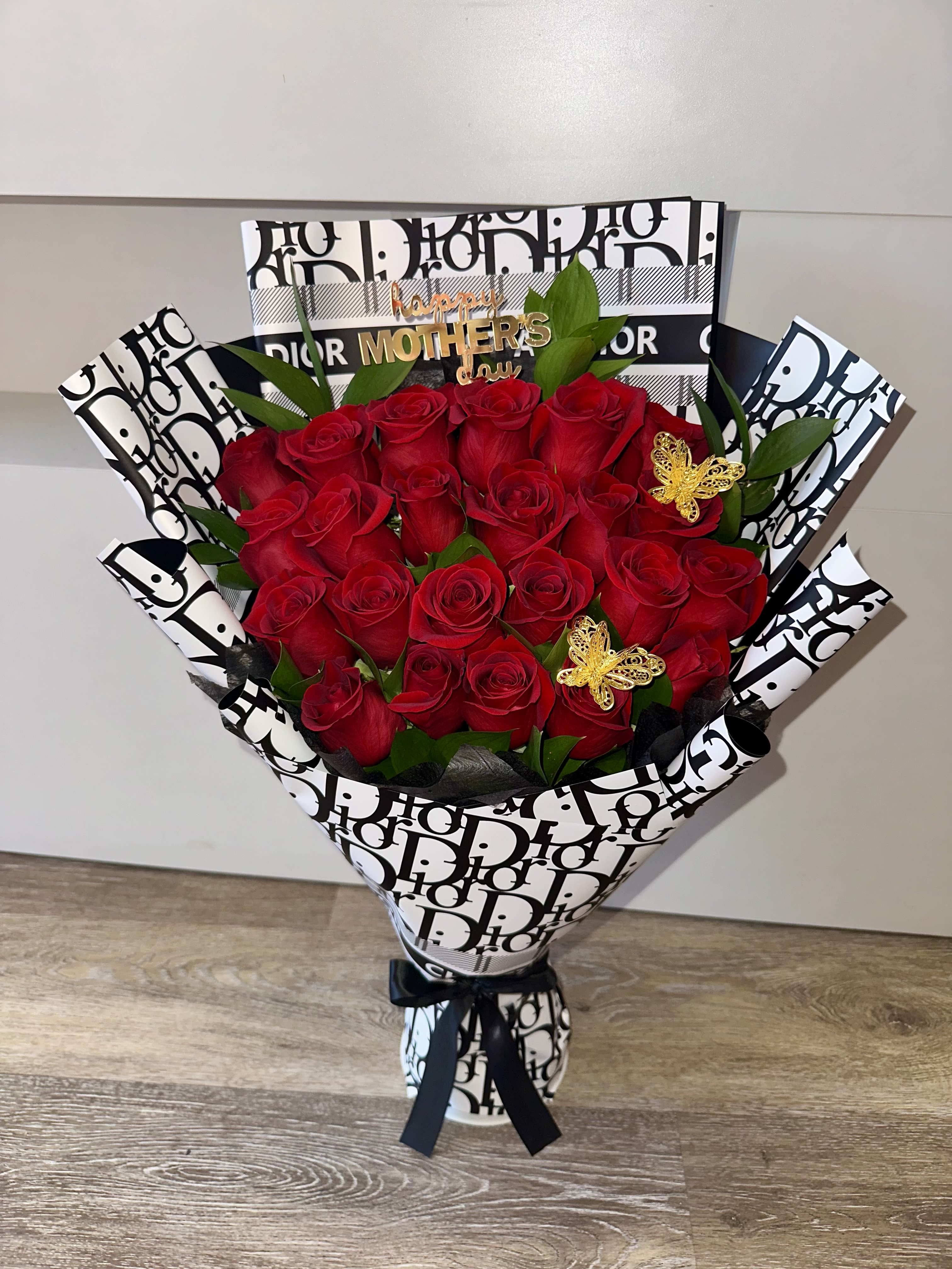 ELEGANT DIOR DESIGN, SELECT ROSES, HAPPY MOTHER'S DAY ACRYLIC TOPPER, 2 GOLDEN METAL BUTTERFLIES, DESIGNER PAPER (3 available) - ELEGANT DIOR DESIGN, SELECT ROSES, HAPPY MOTHER'S DAY ACRYLIC TOPPER, 2 GOLDEN METAL BUTTERFLIES, DESIGNER PAPER (3 available)