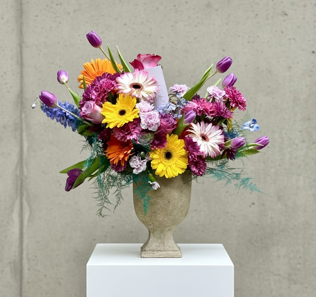 Tara’s Peace  - Vibrant Mixed Floral Arrangement in Rustic Stone Urn Elevate any space with this stunning multi-colored floral arrangement, featuring a rich tapestry of textures and seasonal blooms. Housed in a classic, weathered stone pedestal urn, this bouquet perfect!