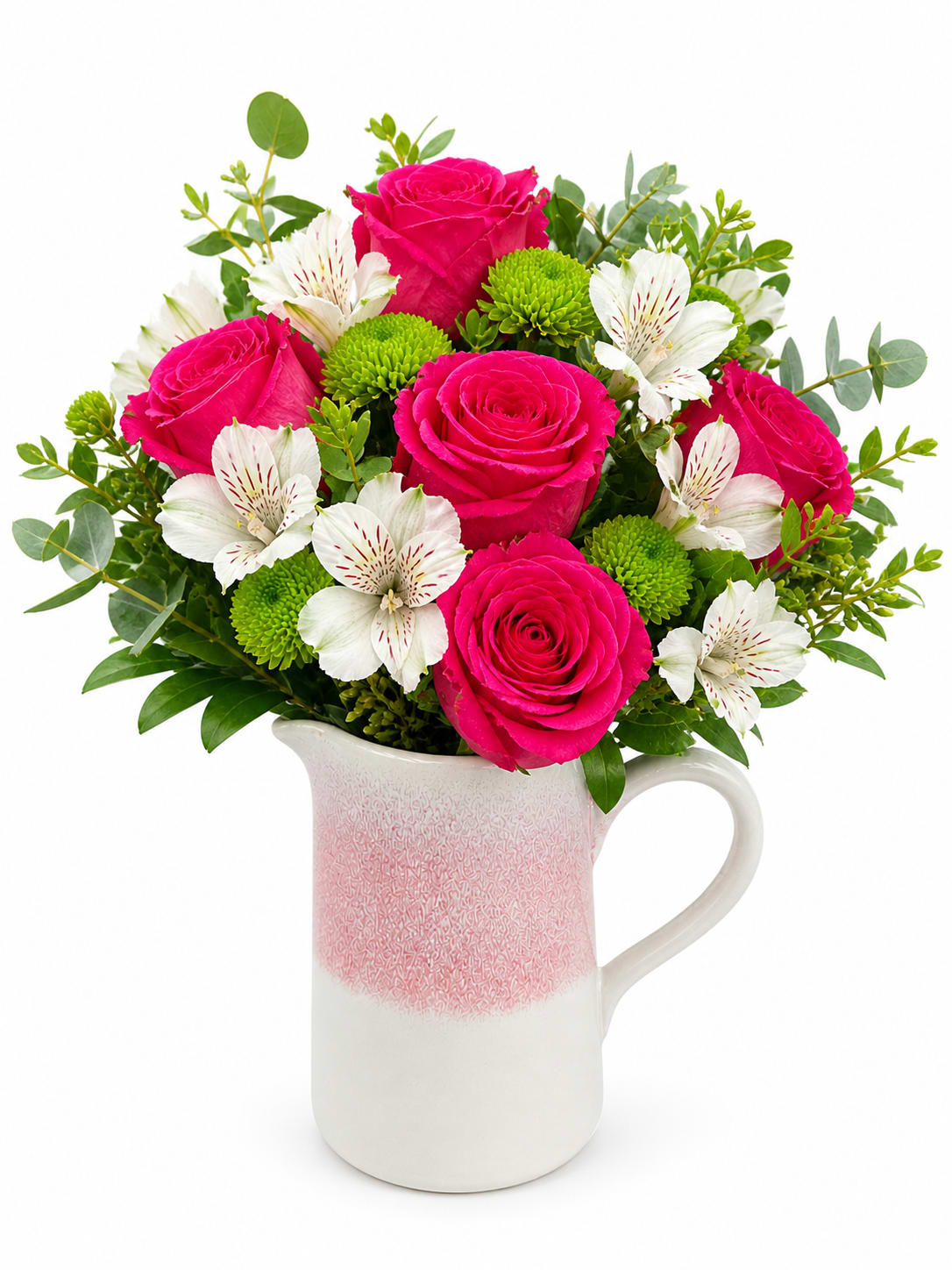love Hot Pink - Bright pink roses with white alstroemeria and green chrysanthemum accents in a soft pink ceramic pitcher-cheerful, feminine bouquet perfect for birthdays or a joyful everyday gift.