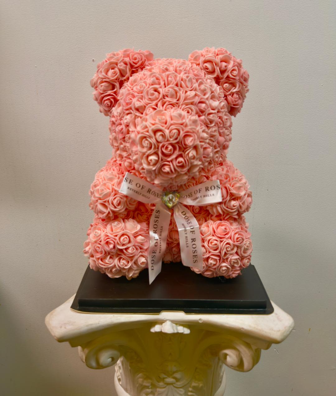 pink teddy bear - Blue teddy bear rose bouquet.  colors: Blue  _Crafted with premium red faux roses. _16"/11" Teddy bear adorned with a black ribbon. _Comes in a custom acrylic box for a lasting impression.  Perfect for Valentines Day, Birthday, Mother's Day &amp; Anniversaries 