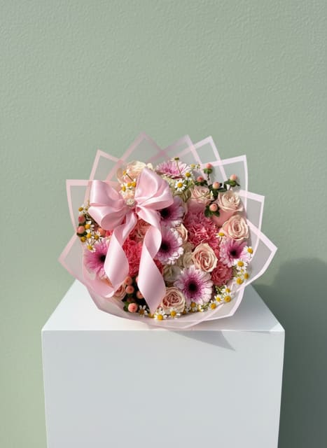 Blush Harmony Bouquet - A delicate blend of soft pink roses, gerbera daisies, and seasonal blooms, beautifully wrapped in layered pastel paper and finished with a satin bow. Blush Harmony is designed to express love, gratitude, and gentle affection in the most elegant way.