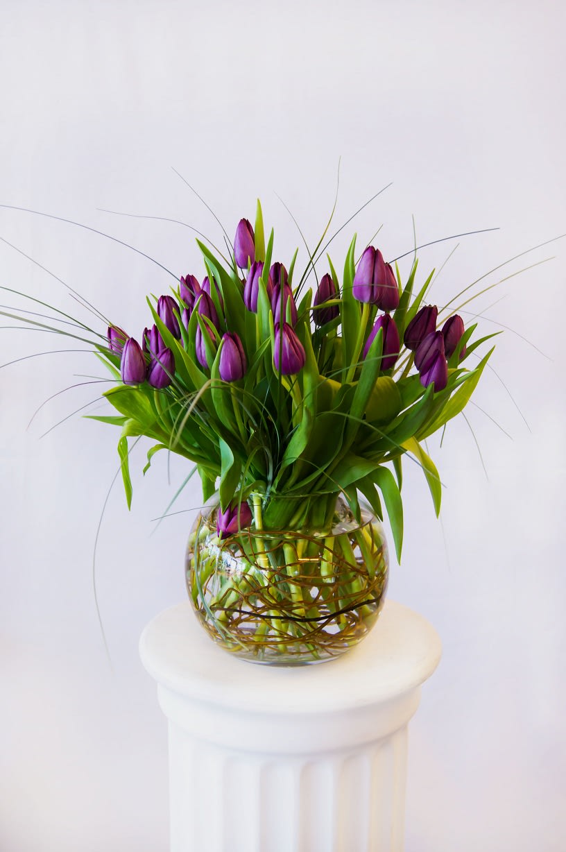 Tulip Bowl - Select this large bubble bowl of all purple tulips finished of with curly willow in the base.