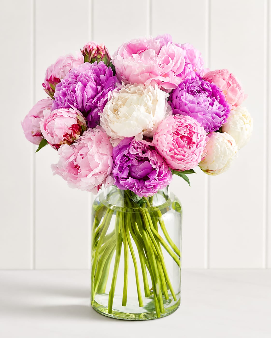 Mixed Colored Peonies - A lush cluster of oversized peonies in shades of pink, lavender, soft purple and creamy white-this flower arrangement is a romantic, garden‑fresh choice for a birthday, anniversary, or Mother's Day bouquet. The rounded, tightly gathered form makes an immediate visual impact: the layered petals create a soft, cloudlike texture that reads both cheerful and elegant, the kind of gift that will make the person you're thinking of feel truly cherished.  Hand‑tied and set in a clear glass vase, the long green stems are visible for a clean, fresh contrast to the pastel blooms. The design emphasizes the peonies' full, ruffled heads and natural movement, with each blossom contributing to a generous, full silhouette that suits tabletops, mantels, or an entry console. Available in a single size that fills the vase, this arrangement arrives ready to display-simple care (fresh water and a cool spot away from direct sun) will keep the peonies looking lush for days.  Perfect for springtime celebrations but timeless enough for year‑round gifting, this mixed colored peony arrangement sends a warm, thoughtful message: tender, joyful, and unmistakably feminine. Order with a note to personalize the sentiment and let them know you picked something made to make them smile.