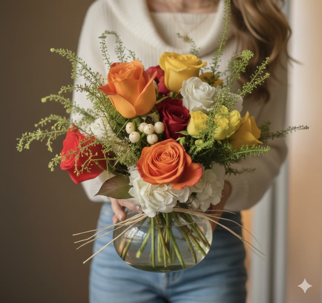 Mixed roses in a round glass vase with airy greenery