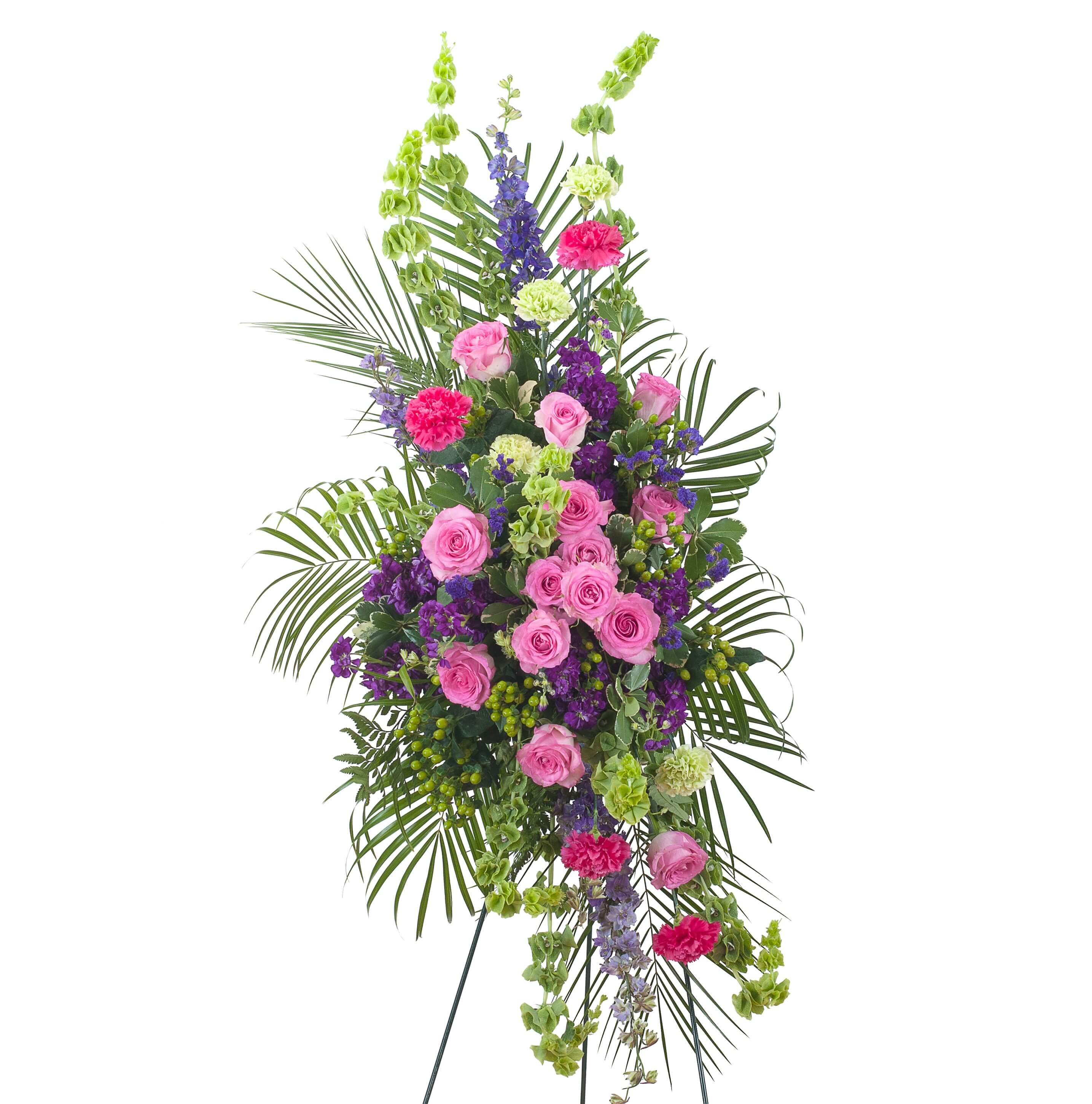 Forever Cherished Easel Spray - This beautiful combination of pink and purple flowers will show that they will be forever cherished.