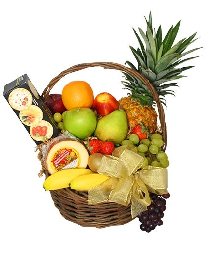Fruit basket with assorted fruit and a box of chocolates