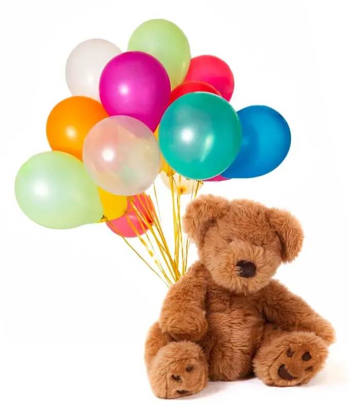 Teddy bear with a bunch of colorful balloons