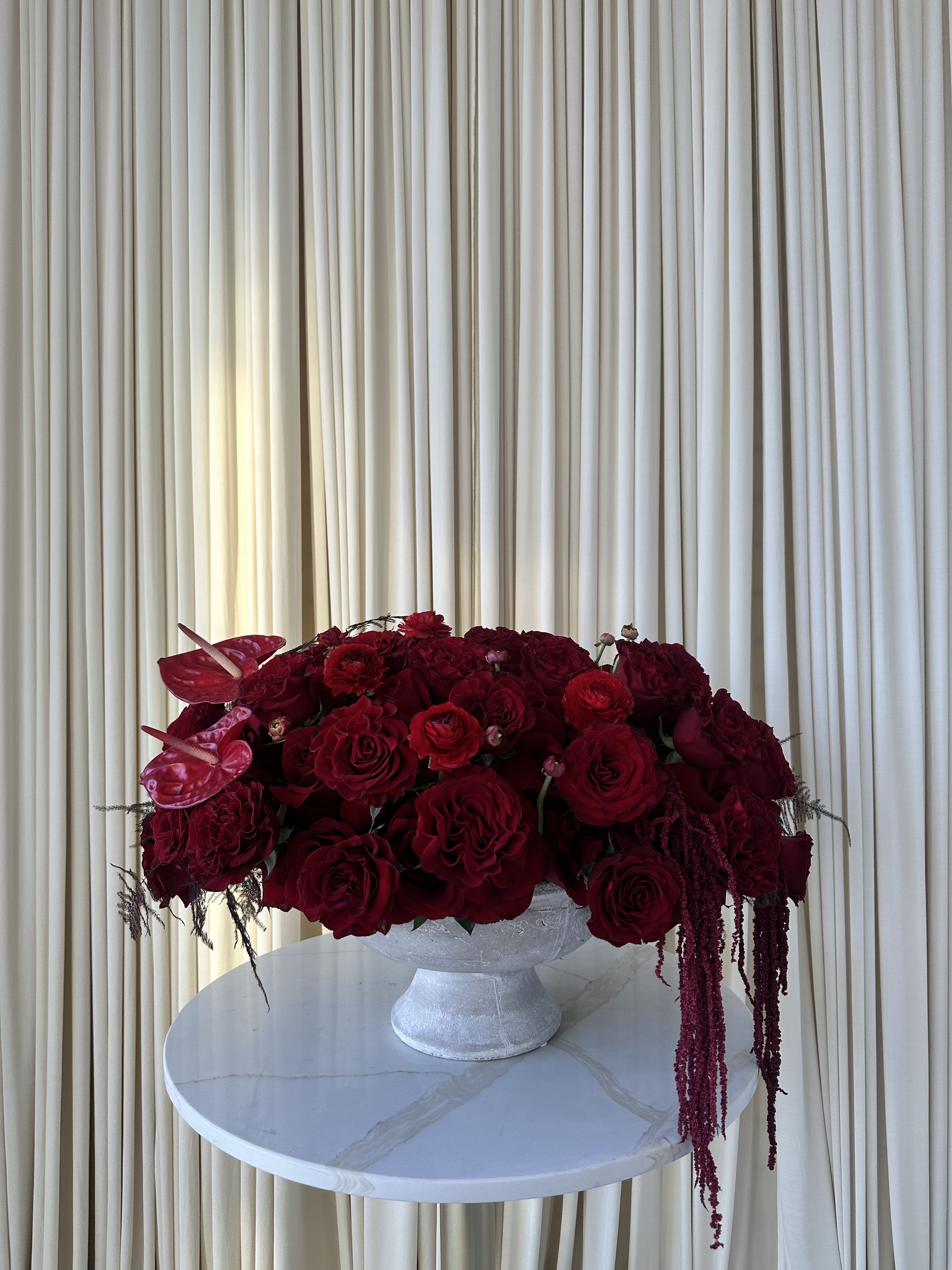 Rouge Elegance - A lush mound of deep red roses and ranunculus creates the first impression-velvety, layered, and intensely romantic-making this flower arrangement ideal as a perfect surprise for a loved one. Glossy red anthurium blooms punctuate the left side for a bright, tropical contrast while trailing burgundy amaranthus spills over the edge, adding dramatic movement that draws the eye. The effect is formal and luxurious, designed to make the person you're celebrating feel seen and adored.  Crafted low and dense in a white pedestal vase, the composition mixes multiple rose bloom sizes with ranunculus for soft, ruffled texture and the sleek sheen of anthurium for modern contrast. Dark feathery filler and long amaranthus tendrils create a cascading outline against the pale backdrop, giving the piece a strong presence on round tables or reception displays. Sized to read as substantial and full, this arrangement arrives ready to impress for love-focused gifting, special events, or a memorable anniversary.