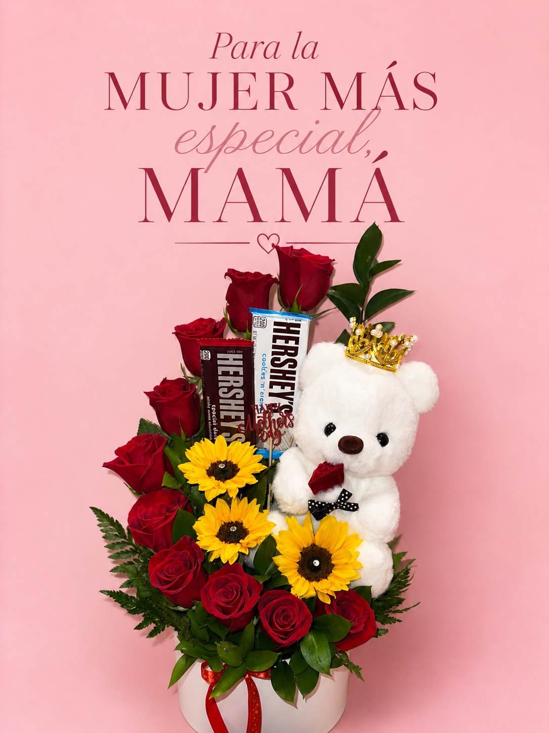 Spiral of roses, sunflowers, Hershey's chocolates, beautiful teddy bear with a golden crown, (2 available) - Spiral of roses, sunflowers, Hershey's chocolates, beautiful teddy bear with a golden crown, (2 available)