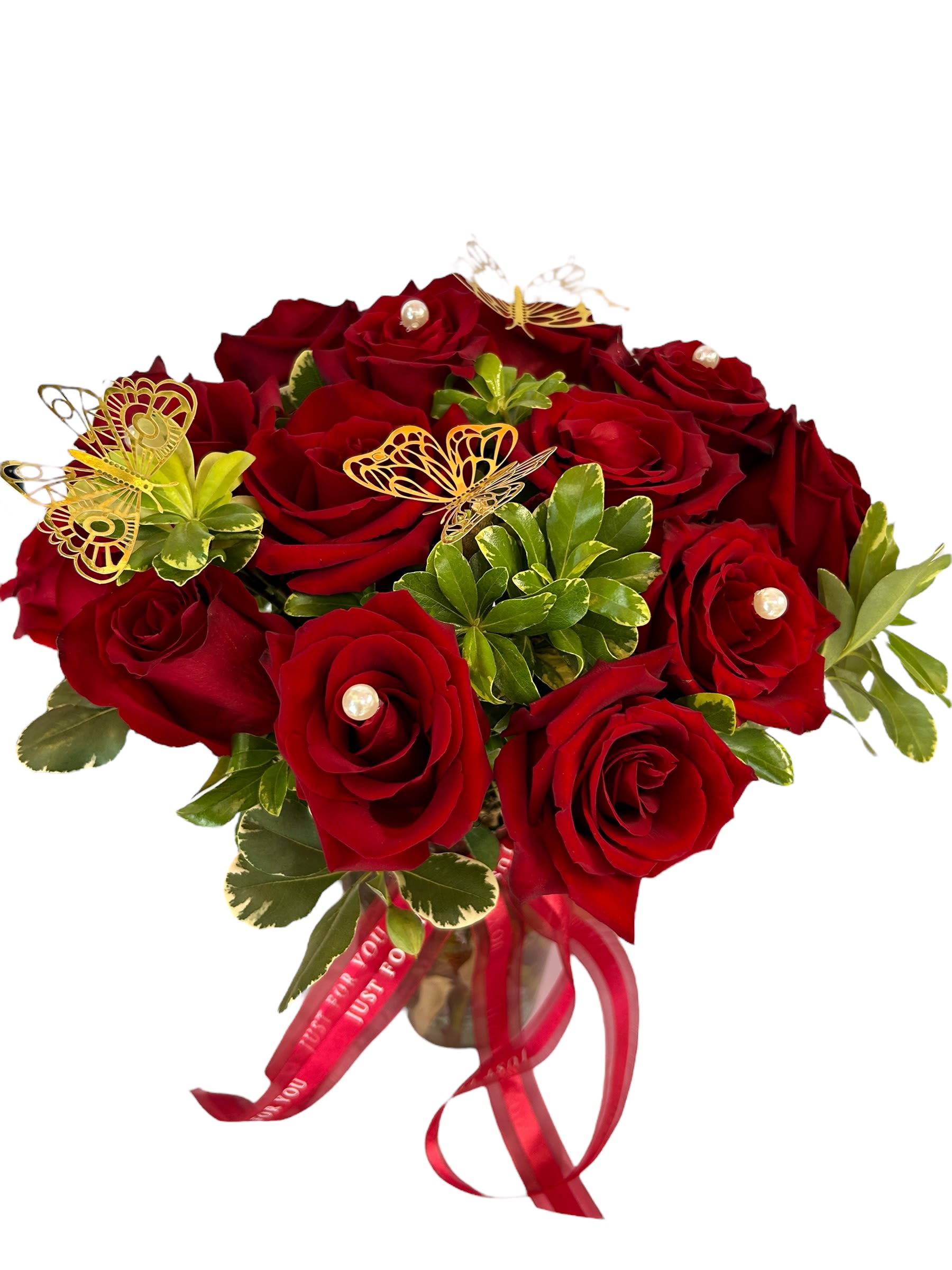 Bouquet of red roses with butterfly picks and a red ribbon