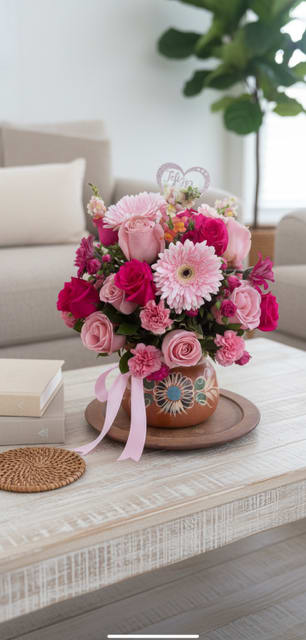 Sweet Blush Garden in Clay Pot - A charming and romantic arrangement featuring a beautiful mix of pink and fuchsia roses, gerbera daisies, and delicate accent blooms, thoughtfully designed in a handcrafted clay pot (ollita de barro). Sweet Blush Garden brings warmth, elegance, and a rustic touch that makes it truly special—perfect for celebrating love, friendship, or any meaningful moment.