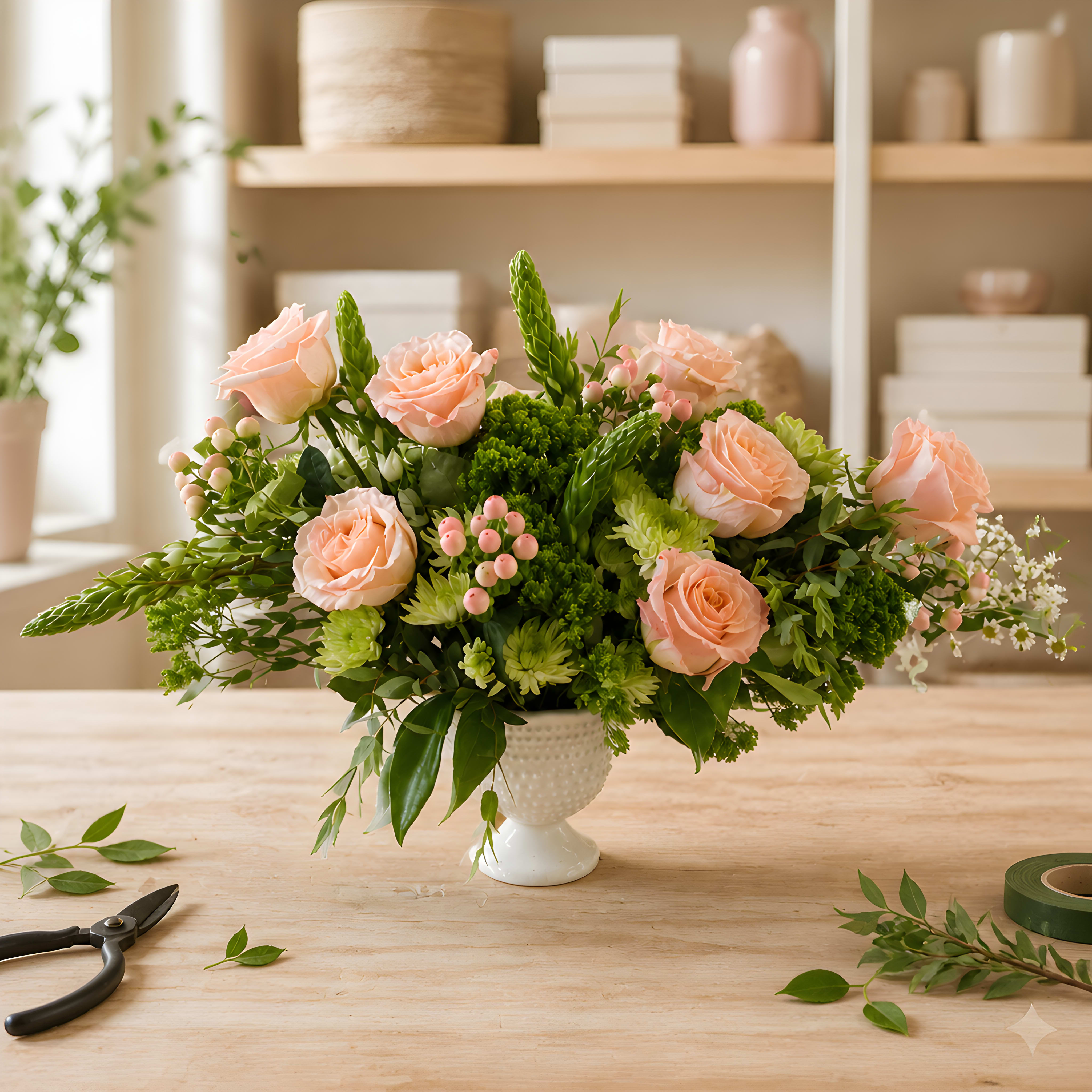 Blushing Peach Shimmer - Soft peach roses gathered in a low, full design give this flower arrangement a warm, inviting glow-the perfect birthday bouquet, anniversary surprise, or thoughtful thank-you gift. The arrangement reads cheerful and refined; the person you send it to will feel warmly noticed by its gentle color story and classic silhouette.  Peach roses and spray roses are clustered with abundant green filler and delicate pink berry accents for a soft texture that catches the eye. The flowers sit in a white ceramic pedestal vase that adds a slightly formal, decorative touch while keeping the composition compact and easy to display on a table or mantel.  Ideal for brightening someone's day or marking a small celebration, this arrangement arrives ready to display-no extra trimming required beyond fresh water. Its soft pink, green, and white palette works beautifully for recipients who prefer subtle, elegant florals rather than bold statements.