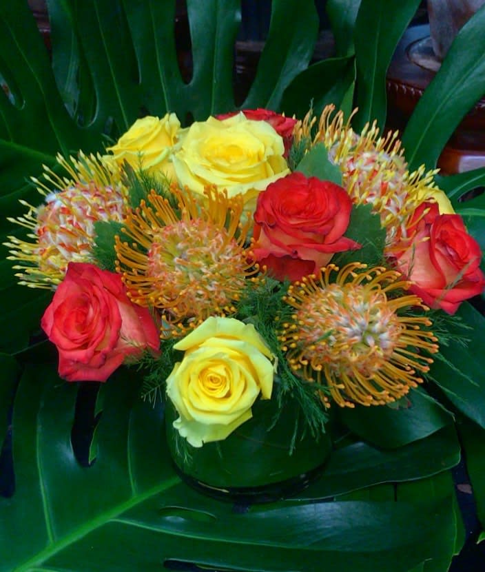 Pincushion Protea &amp; Roses - a low and lush arrangement of mixed colors roses in yellows, oranges, or reds with beautiful pincushion proteas. photo shown is standard price in a 5x5 glass cylinder vase