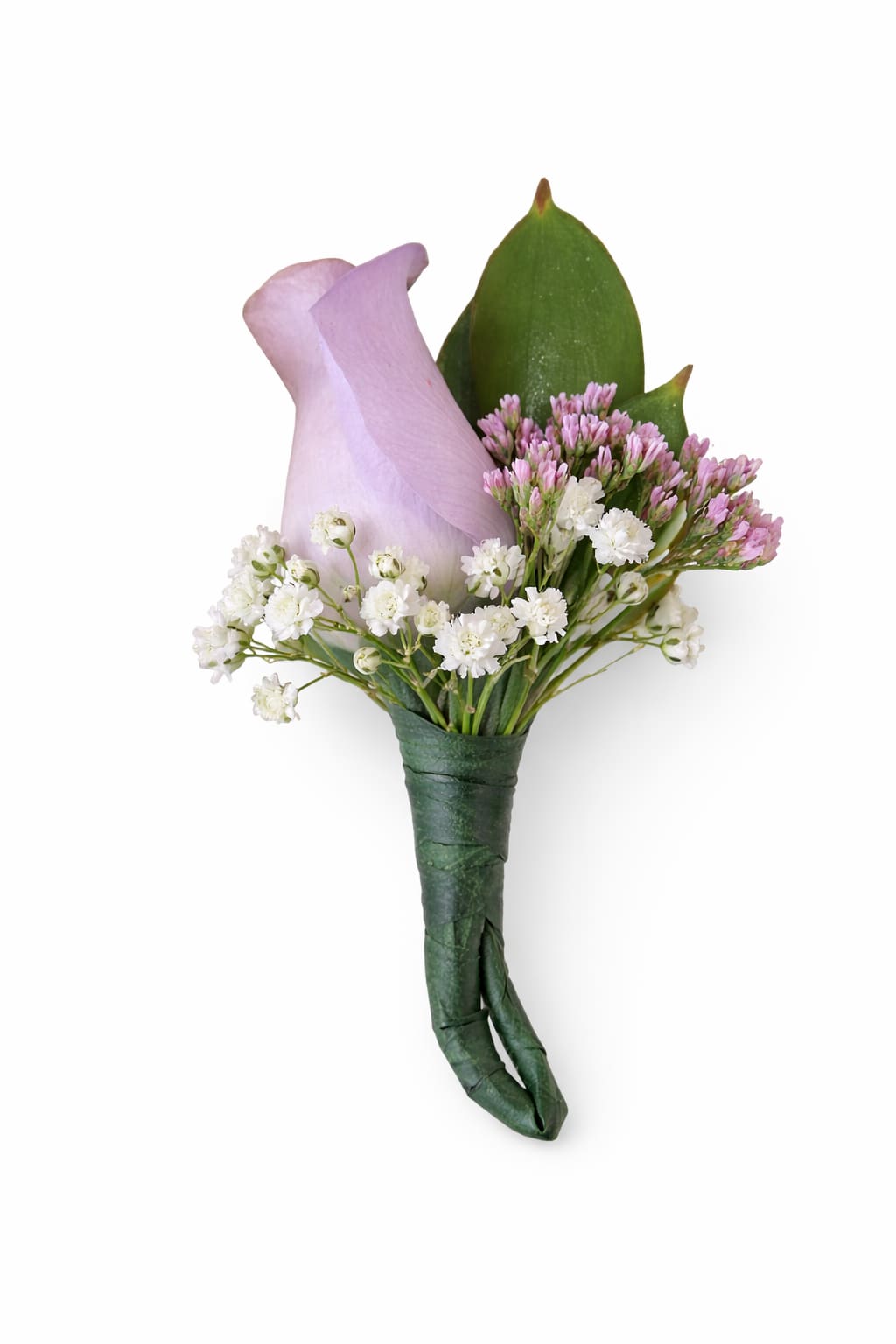 Lavender calla lily boutonniere with small white blooms and green wrapped stem