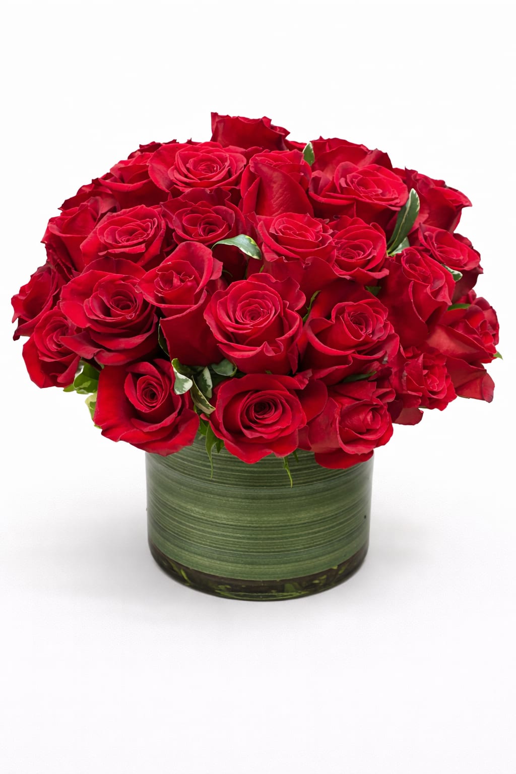 Red rose bouquet in a green glass vase