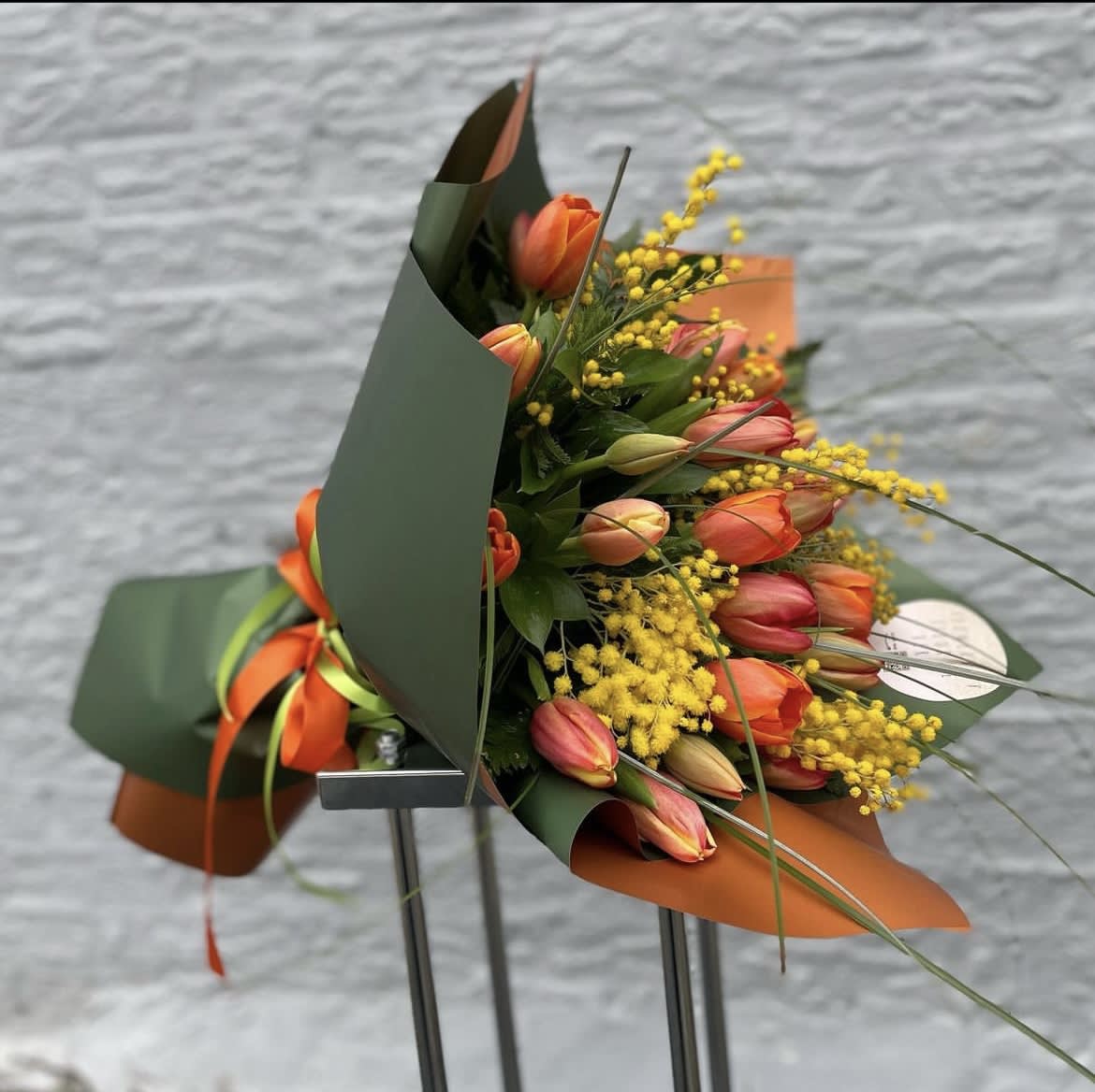 Bouquet tulips with mimosa. The photo shows a standard size. - The photo shows a standard size.