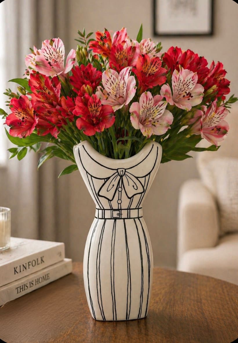 Blooming Beauty - This charming floral arrangement pairs vibrant alstroemeria blooms with a uniquely styled ceramic vase shaped like a classic dress, creating a piece that feels both fresh and decorative. The flowers are lush and full, featuring delicate petals with natural speckling, gathered to form a soft, rounded bouquet that adds instant warmth to any room.  Two Beautiful Versions Available:    Blush &amp; Red Mix – A romantic blend of soft pink and rich red alstroemeria for a warm, elegant look.   Red &amp; White Mix – A bold yet timeless combination of deep red and crisp white alstroemeria for a clean, classic statement.  Both versions are designed in the same stylish black-and-white illustrated dress vase, making this arrangement perfect as a gift or a statement piece for a coffee table, entryway, or desk.  Height: 17 in. Width: 7 in.