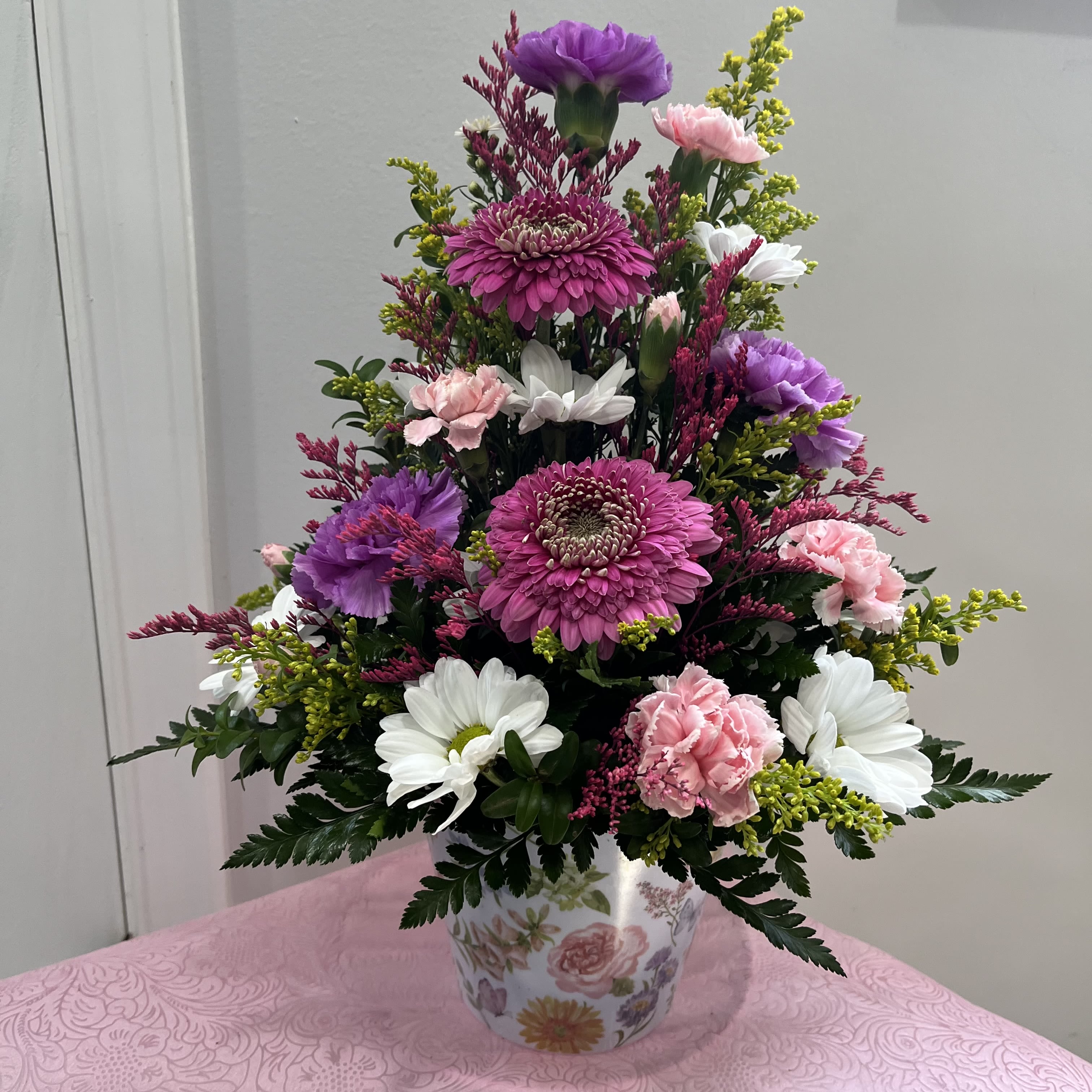 Simple Delight - Summer Design Melamine Pot filled with Gerbera Daisy, Carnations Daisy and Miniature Carnations (all product can be substituted due to availability)