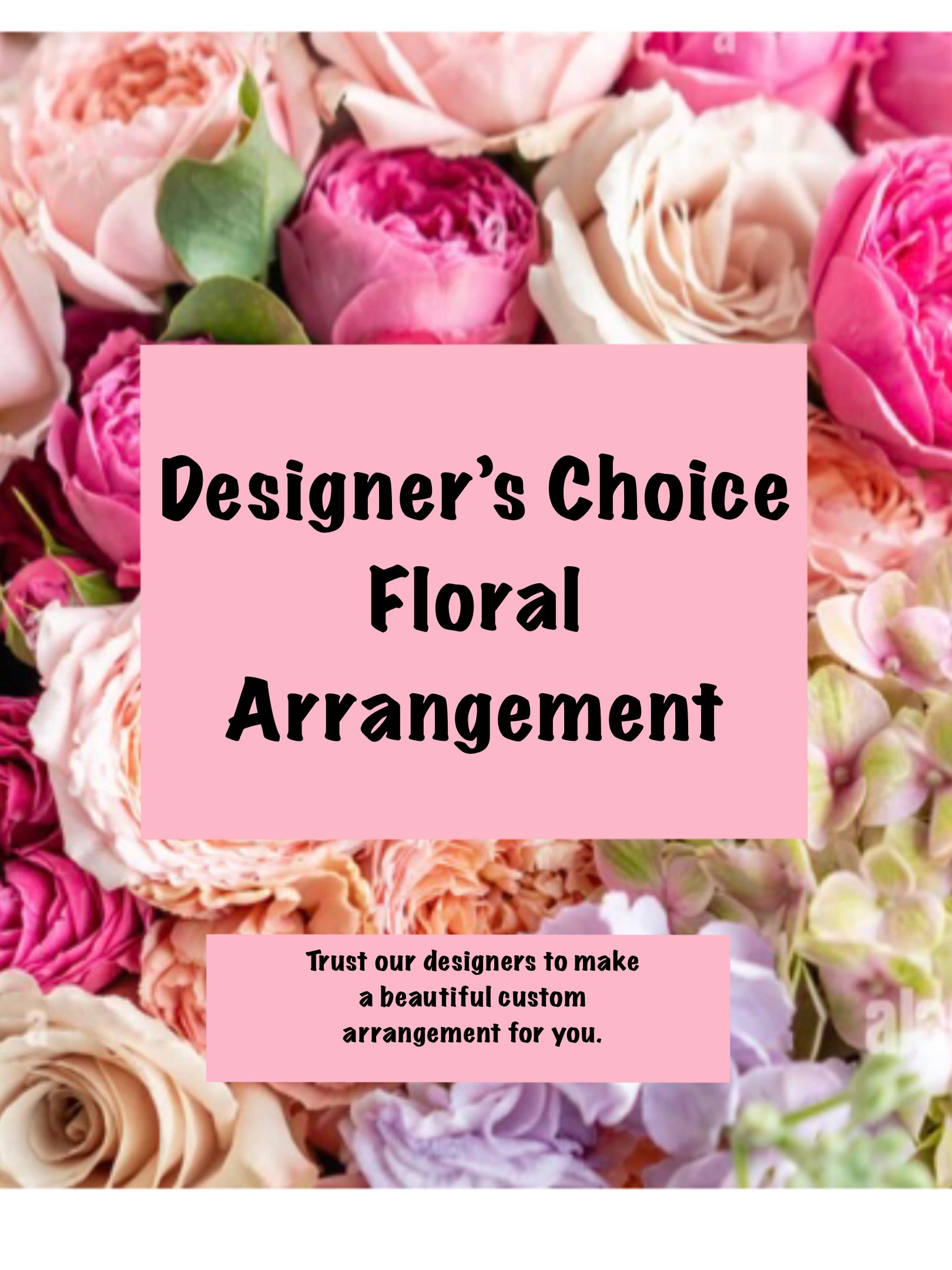 Pink floral arrangement with roses and peonies behind a text panel